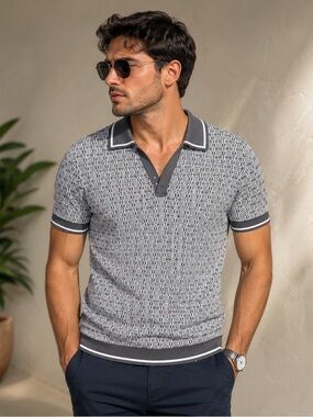 Tahari Gray Patterned Short-Sleeve Polo with Contrast Trim